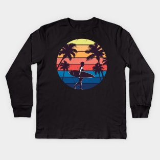 Vintage Sunset Surfing Gift For Surfers Kids Long Sleeve T-Shirt